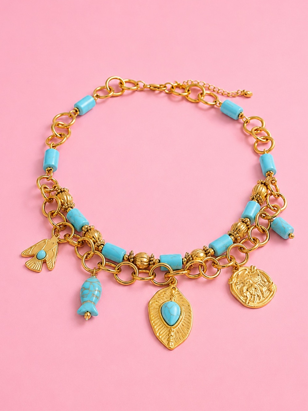 Modern Turquoise Charms Gold Necklace